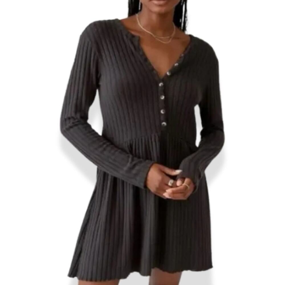 Billabong Always Lounging Dress Henley Button Rib Knit Full Sleeve Black S NWT